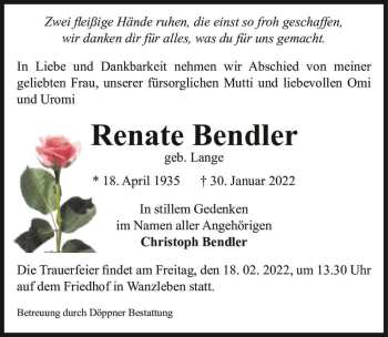 Traueranzeige von Renate Bendler (geb. Lange)  von Magdeburger Volksstimme
