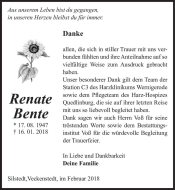Traueranzeige von Renate Bente  von Magdeburger Volksstimme