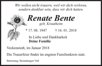 Traueranzeige von Renate Bente (geb. Krautheim)  von Magdeburger Volksstimme