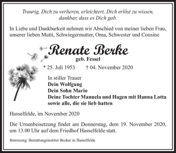 Traueranzeige von Renate Berke (geb. Fessel)  von Magdeburger Volksstimme