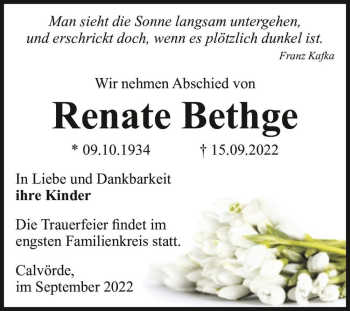 Traueranzeige von Renate Bethge  von Magdeburger Volksstimme
