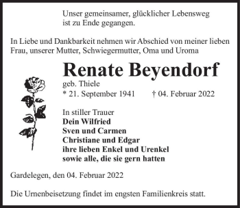 Traueranzeige von Renate Beyendorf (geb. Thiele)  von Magdeburger Volksstimme