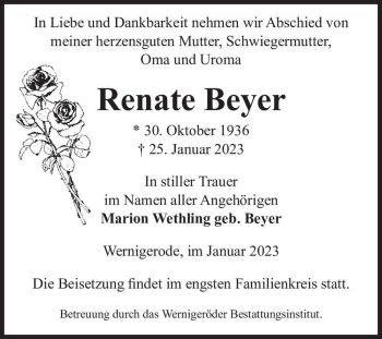 Traueranzeige von Renate Beyer  von Magdeburger Volksstimme