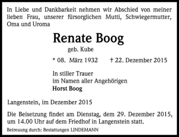 Traueranzeige von Renate Boog (geb. Kube)  von Magdeburger Volksstimme