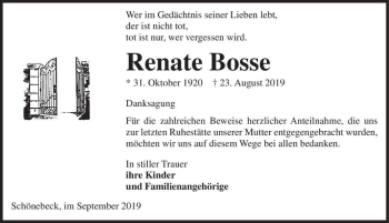 Traueranzeige von Renate Bosse  von Magdeburger Volksstimme