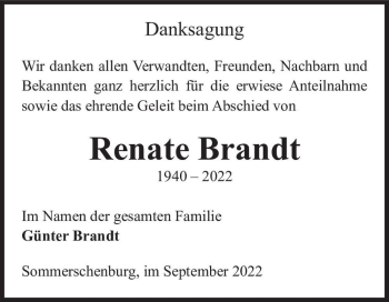 Traueranzeige von Renate Brandt  von Magdeburger Volksstimme