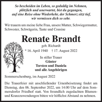 Traueranzeige von Renate Brandt (geb. Richardt)  von Magdeburger Volksstimme