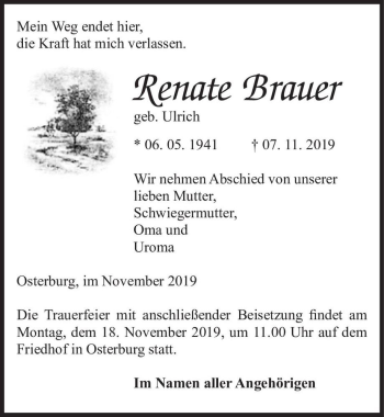 Traueranzeige von Renate Brauer (geb. Ulrich)  von Magdeburger Volksstimme