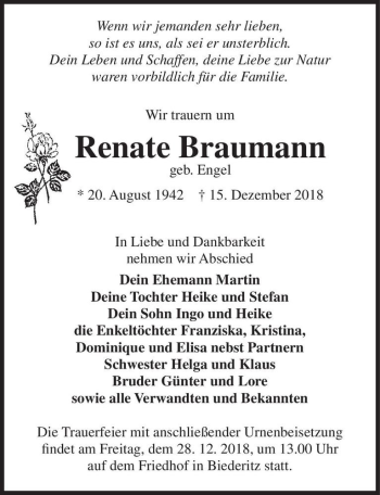 Traueranzeige von Renate Braumann (geb. Engel)  von Magdeburger Volksstimme