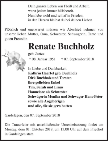 Traueranzeige von Renate Buchholz (geb. Jeetze)  von Magdeburger Volksstimme