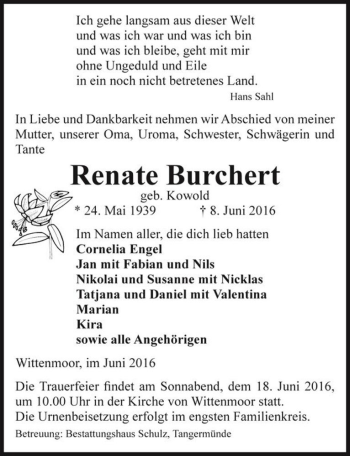 Traueranzeige von Renate Burchert (geb. Kowold)  von Magdeburger Volksstimme