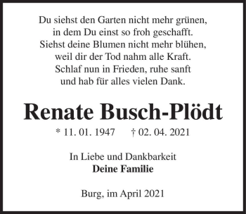 Traueranzeige von Renate Busch-Plödt  von Magdeburger Volksstimme