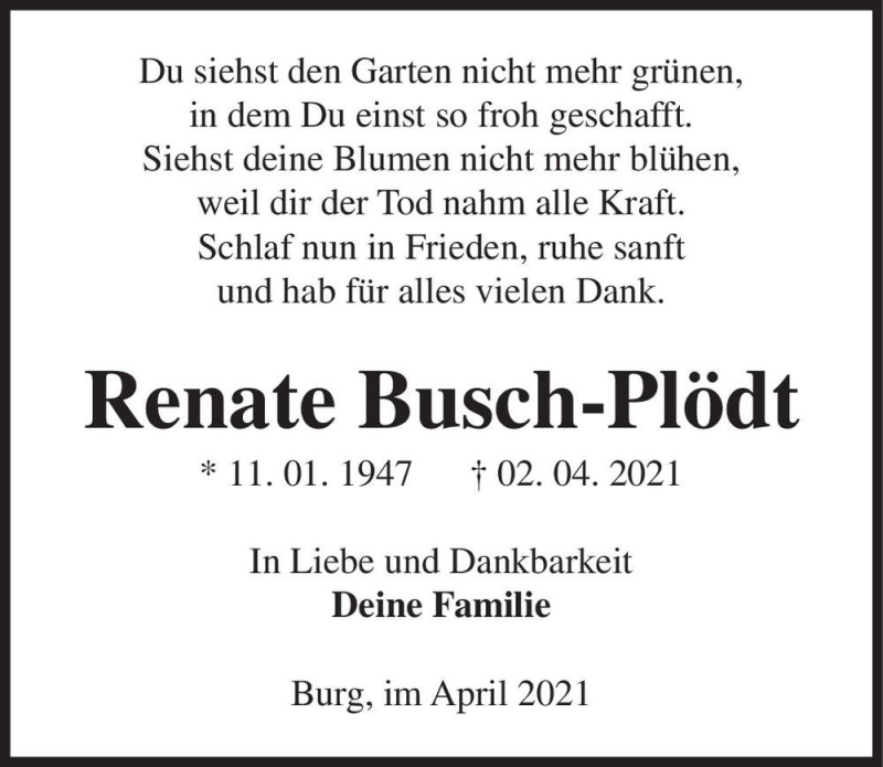  Traueranzeige für Renate Busch-Plödt  vom 10.04.2021 aus Magdeburger Volksstimme