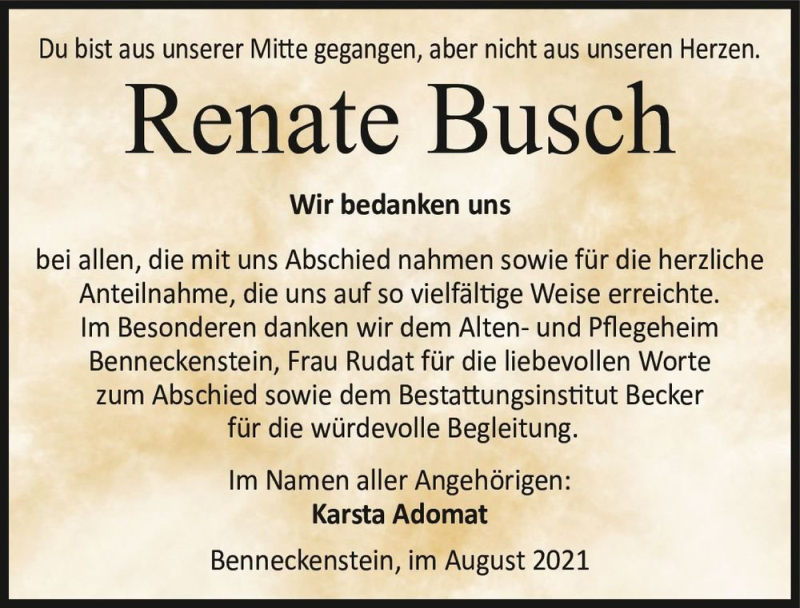  Traueranzeige für Renate Busch  vom 21.08.2021 aus Magdeburger Volksstimme