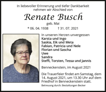 Traueranzeige von Renate Busch (geb. Mai)  von Magdeburger Volksstimme