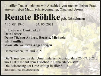 Traueranzeige von Renate Böhlke (geb. Dösselmann)  von Magdeburger Volksstimme