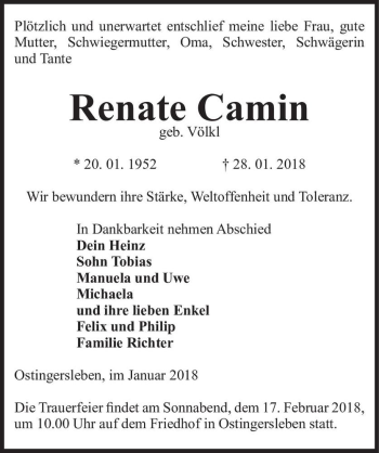 Traueranzeige von Renate Camin (geb. Völkl)  von Magdeburger Volksstimme