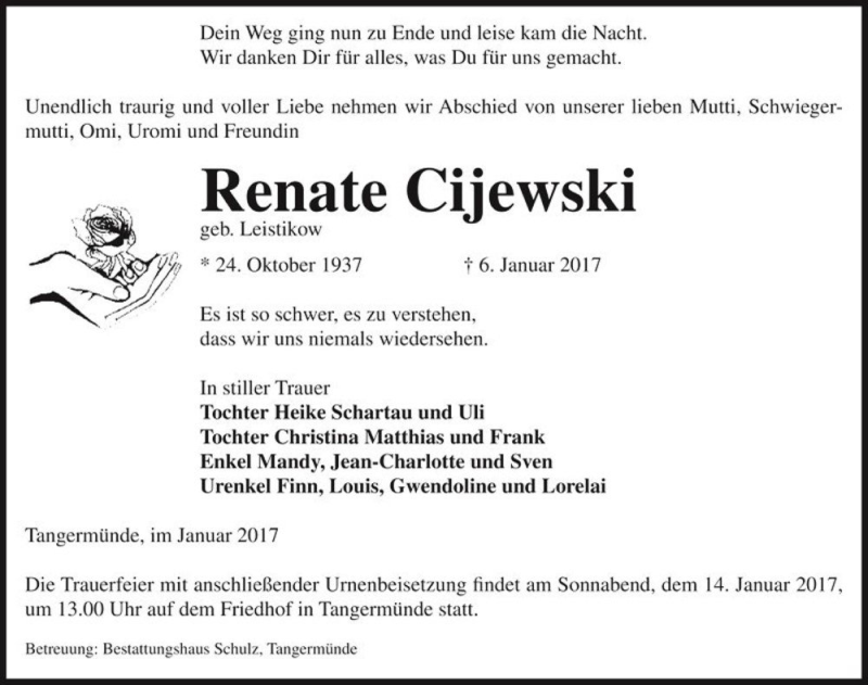  Traueranzeige für Renate Cijewski (geb. Leistikow)  vom 10.01.2017 aus Magdeburger Volksstimme