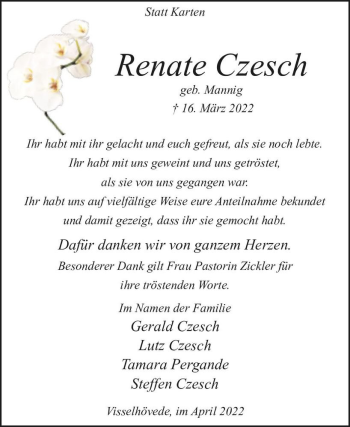 Traueranzeige von Renate Czesch (geb. Mannig)  von Magdeburger Volksstimme