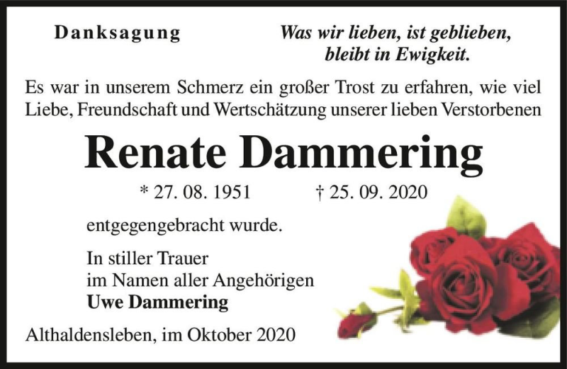  Traueranzeige für Renate Dammering  vom 24.10.2020 aus Magdeburger Volksstimme