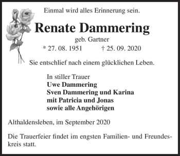 Traueranzeige von Renate Dammering (geb. Gartner)  von Magdeburger Volksstimme