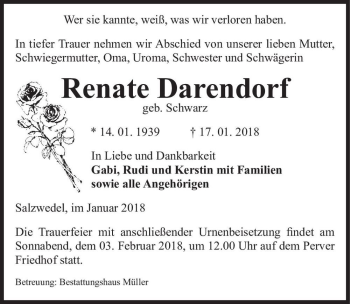 Traueranzeige von Renate Darendorf (geb. Schwarz)  von Magdeburger Volksstimme