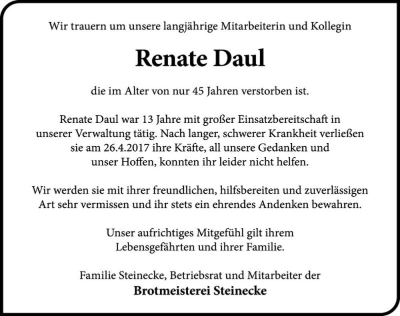  Traueranzeige für Renate Daul  vom 04.05.2017 aus Magdeburger Volksstimme