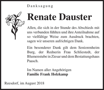 Traueranzeige von Renate Dauster  von Magdeburger Volksstimme