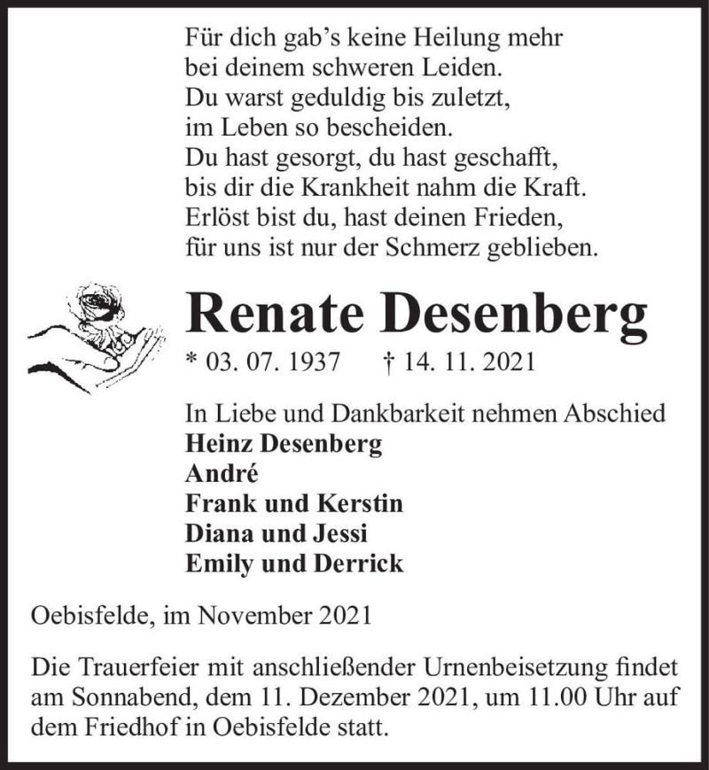  Traueranzeige für Renate Desenberg  vom 17.11.2021 aus Magdeburger Volksstimme