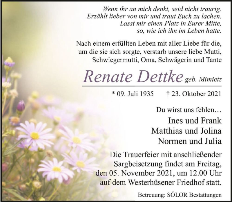  Traueranzeige für Renate Dettke (geb. Mimietz)  vom 30.10.2021 aus Magdeburger Volksstimme