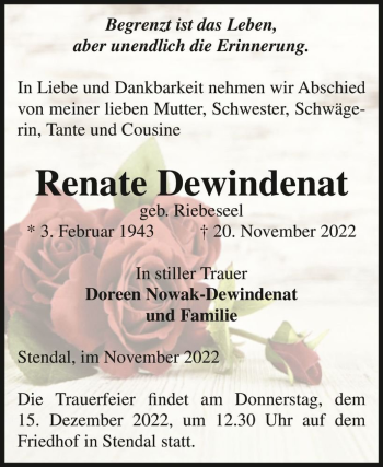 Traueranzeige von Renate Dewindenat (geb. Riebeseel)  von Magdeburger Volksstimme