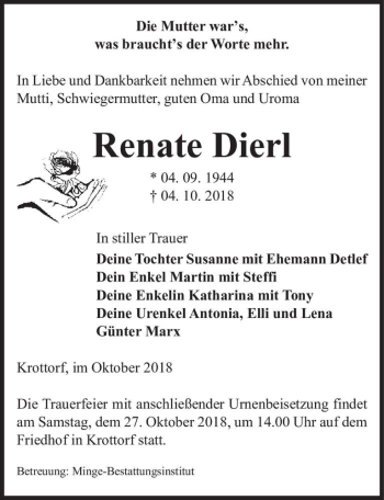 Traueranzeige von Renate Dierl  von Magdeburger Volksstimme