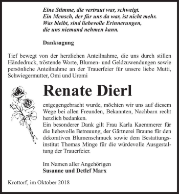 Traueranzeige von Renate Dierl  von Magdeburger Volksstimme