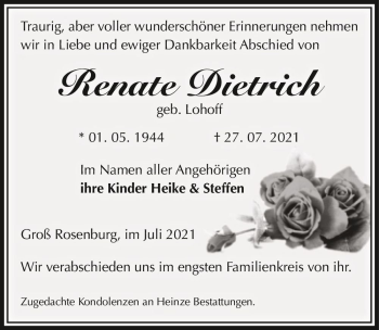 Traueranzeige von Renate Dietrich (geb. Lohoff)  von Magdeburger Volksstimme