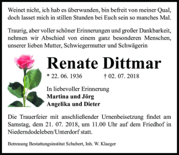 Traueranzeige von Renate Dittmar  von Magdeburger Volksstimme