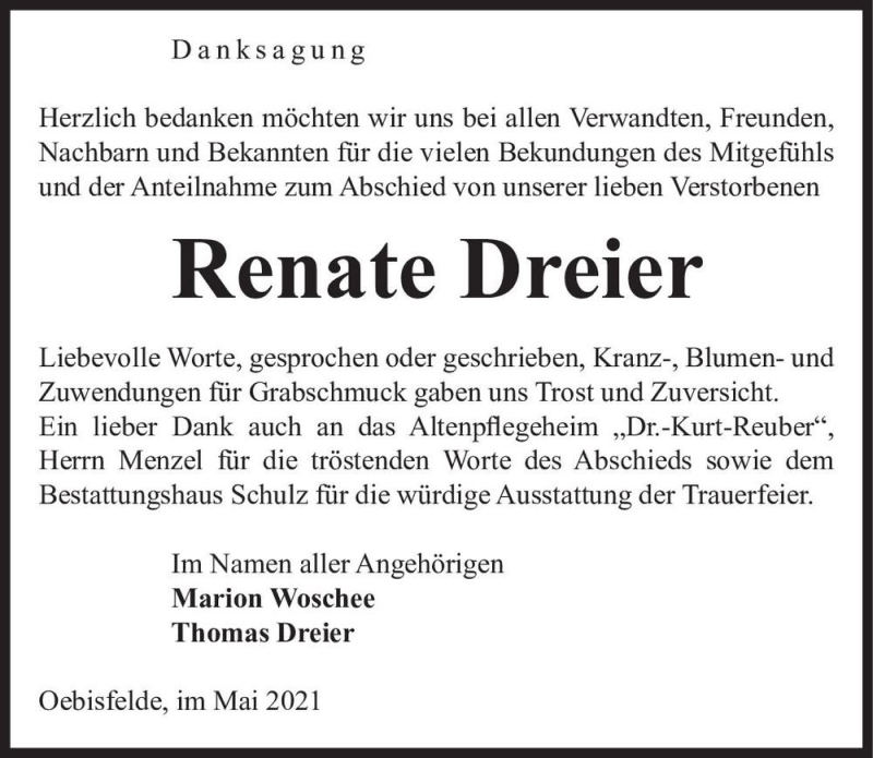  Traueranzeige für Renate Dreier  vom 26.05.2021 aus Magdeburger Volksstimme