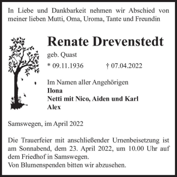 Traueranzeige von Renate Drevenstedt (geb. Quast)  von Magdeburger Volksstimme