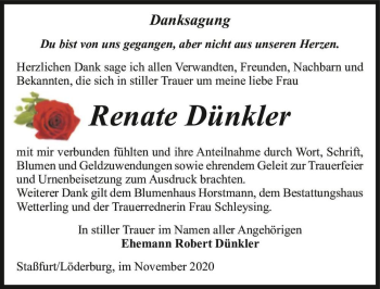 Traueranzeige von Renate Dünkler  von Magdeburger Volksstimme