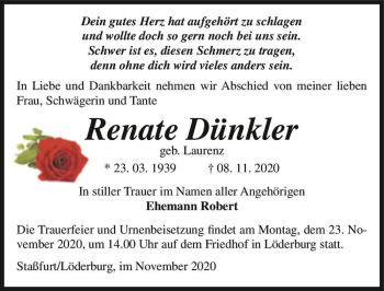 Traueranzeige von Renate Dünkler (geb. Laurenz)  von Magdeburger Volksstimme