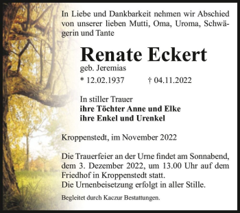 Traueranzeige von Renate Eckert (geb. Jeremias)  von Magdeburger Volksstimme