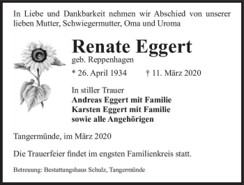 Traueranzeige von Renate Eggert (geb. Reppenhagen)  von Magdeburger Volksstimme