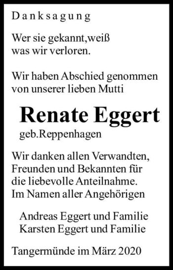 Traueranzeige von Renate Eggert (geb. Reppenhagen)  von Magdeburger Volksstimme