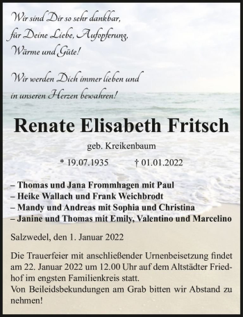 Traueranzeige von Renate Elisabeth Fritsch (geb. Kreikenbaum)  von Magdeburger Volksstimme