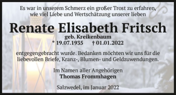 Traueranzeige von Renate Elisabeth Fritsch (geb. Kreikenbaum)  von Magdeburger Volksstimme