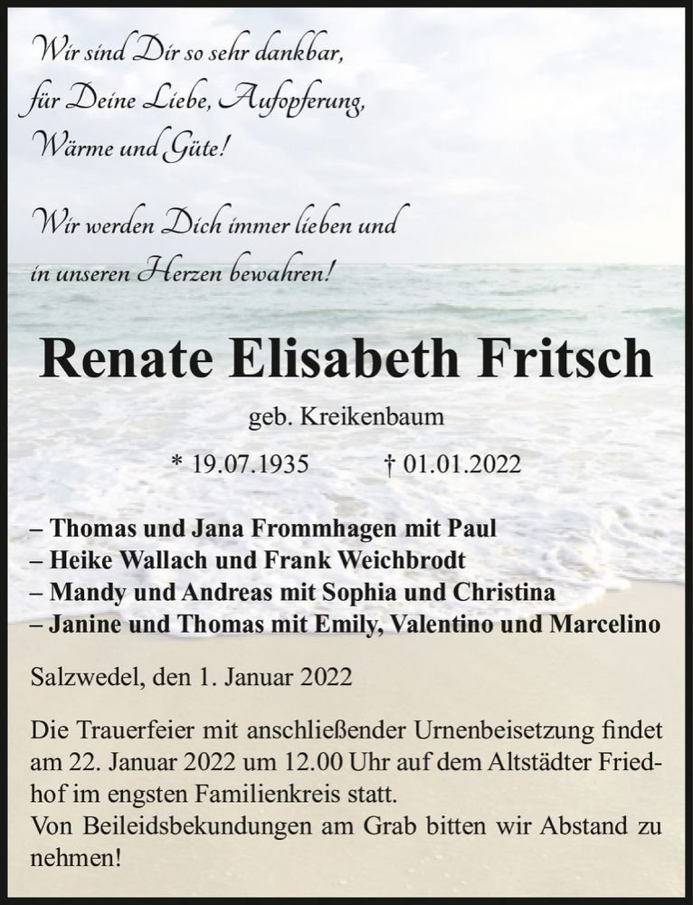  Traueranzeige für Renate Elisabeth Fritsch (geb. Kreikenbaum)  vom 04.01.2022 aus Magdeburger Volksstimme