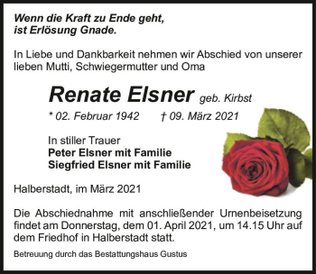 Traueranzeige von Renate Elsner (geb. Kirbst)  von Magdeburger Volksstimme