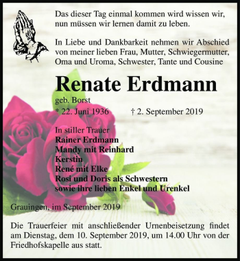 Traueranzeige von Renate Erdmann (geb. Borst)  von Magdeburger Volksstimme