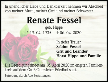 Traueranzeige von Renate Fessel (geb. Hippe)  von Magdeburger Volksstimme