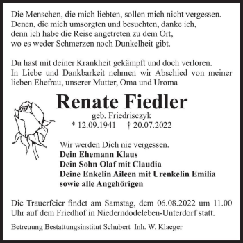 Traueranzeige von Renate Fiedler (geb. Friedrisczyk)  von Magdeburger Volksstimme