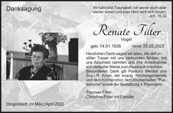 Traueranzeige von Renate Filter  von Magdeburger Volksstimme